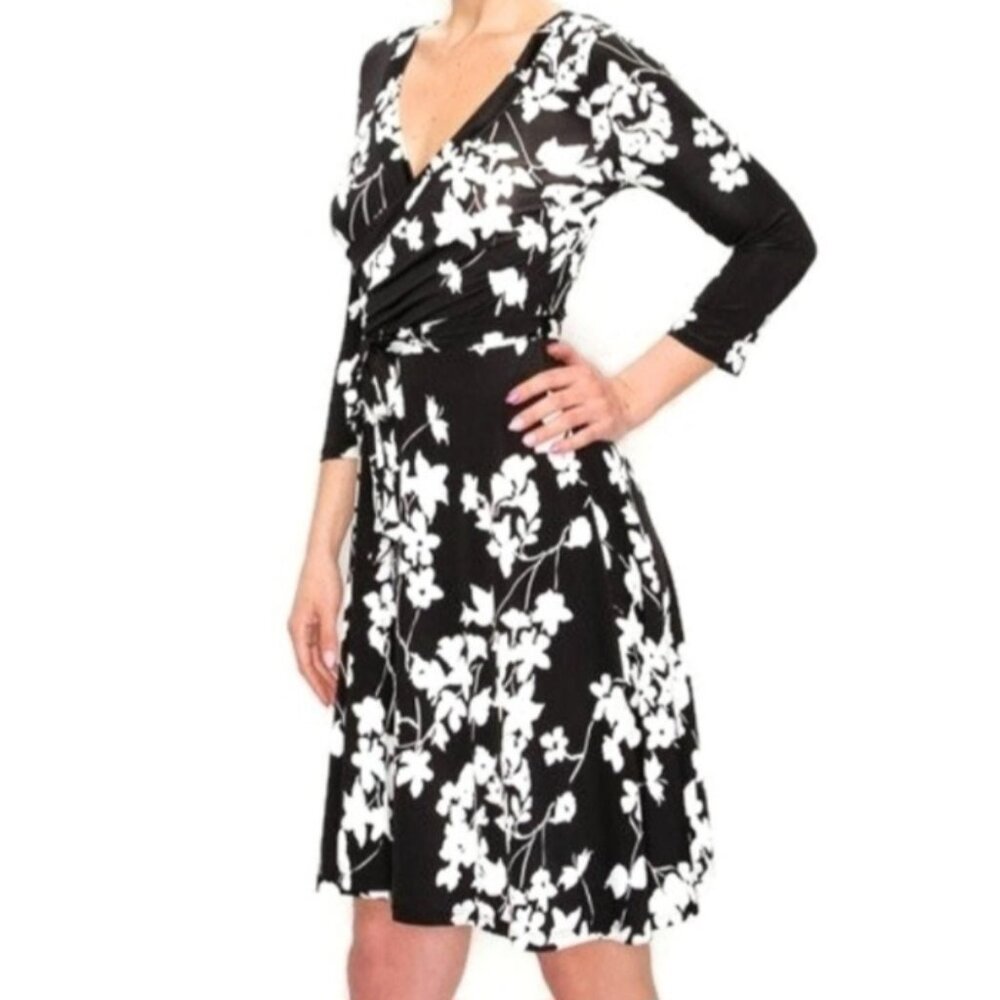 Janette Fashion Black White Floral Faux Wrap Knee Length Dress